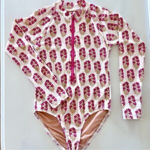 J Crew- Crewcuts Zip-Up, Rash Guard Swimsuit, Cream with Pink Flowers, Size 8